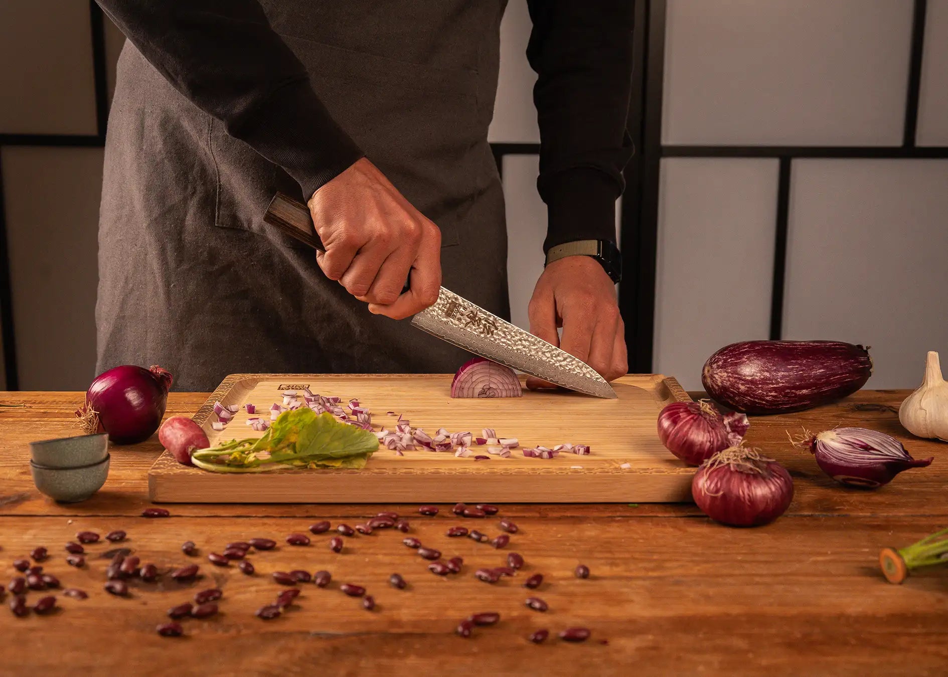 180 mm Gyuto knife with VG-10 Damascus blade and octagonal pakkawood handle.