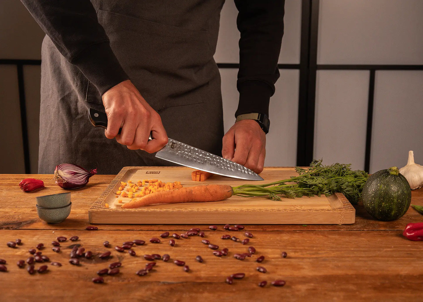 Full Hashi Tsuchime knife collection with hammered stainless blades and ABS handles.