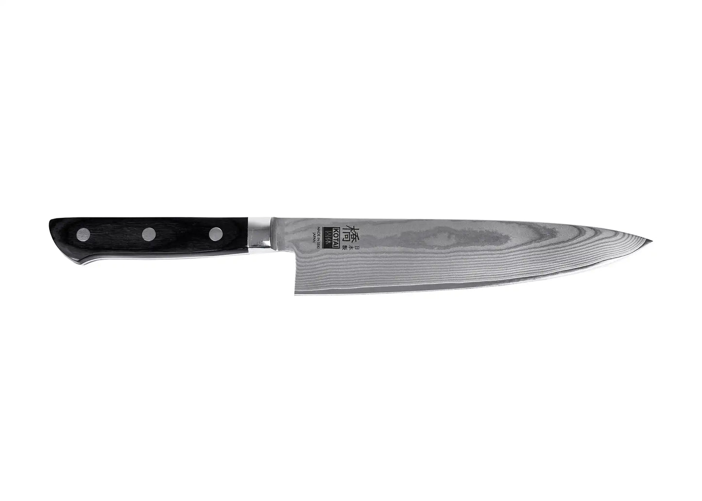 200 mm Gyuto knife with MVS10Cob Damascus blade and pakkawood handle.