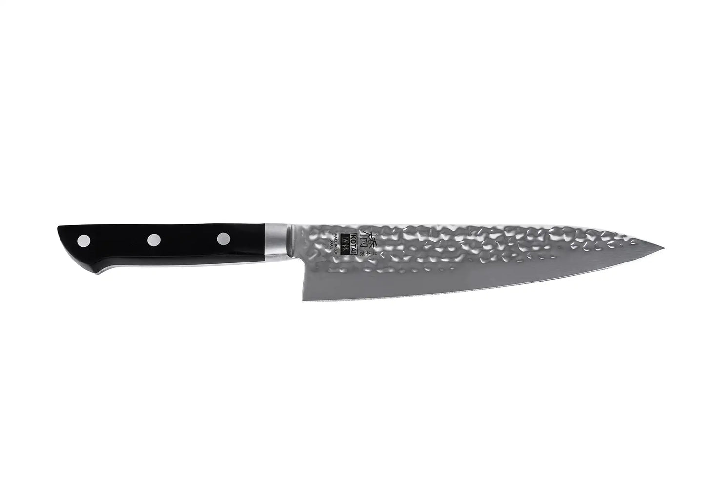 200 mm Gyuto knife with hammered stainless steel blade and ABS handle.