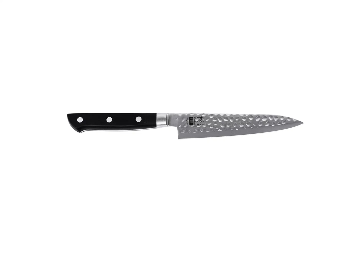 135 mm Hashi Tsuchime Petty knife with hammered stainless steel blade and ABS handle.