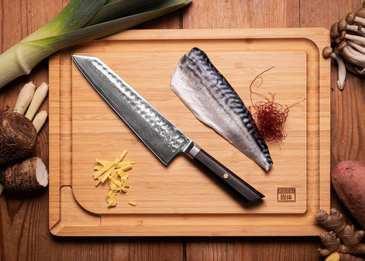 3-Piece Starter Bunka Damascus knife set with patterned AUS-10 steel blades and ebony handles.