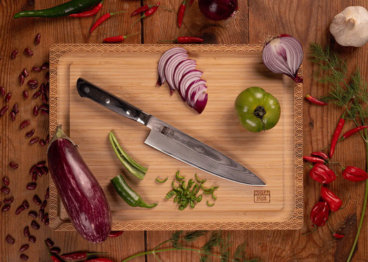 200 mm Gyuto knife with MVS10Cob Damascus blade and pakkawood handle.