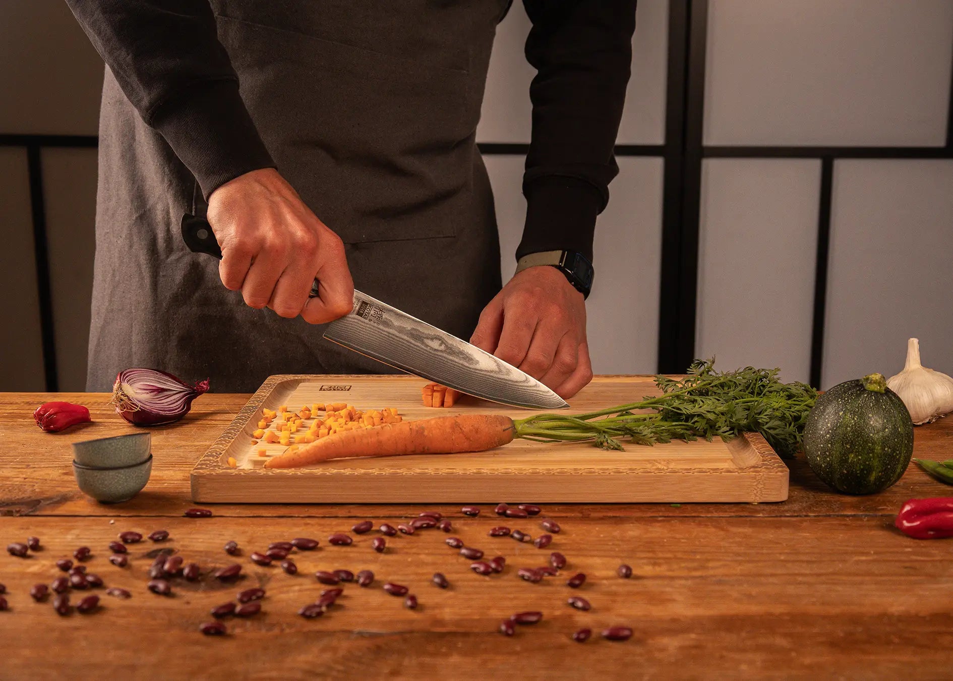 Full Hashi Damascus knife collection with layered MVS10Cob steel blades.