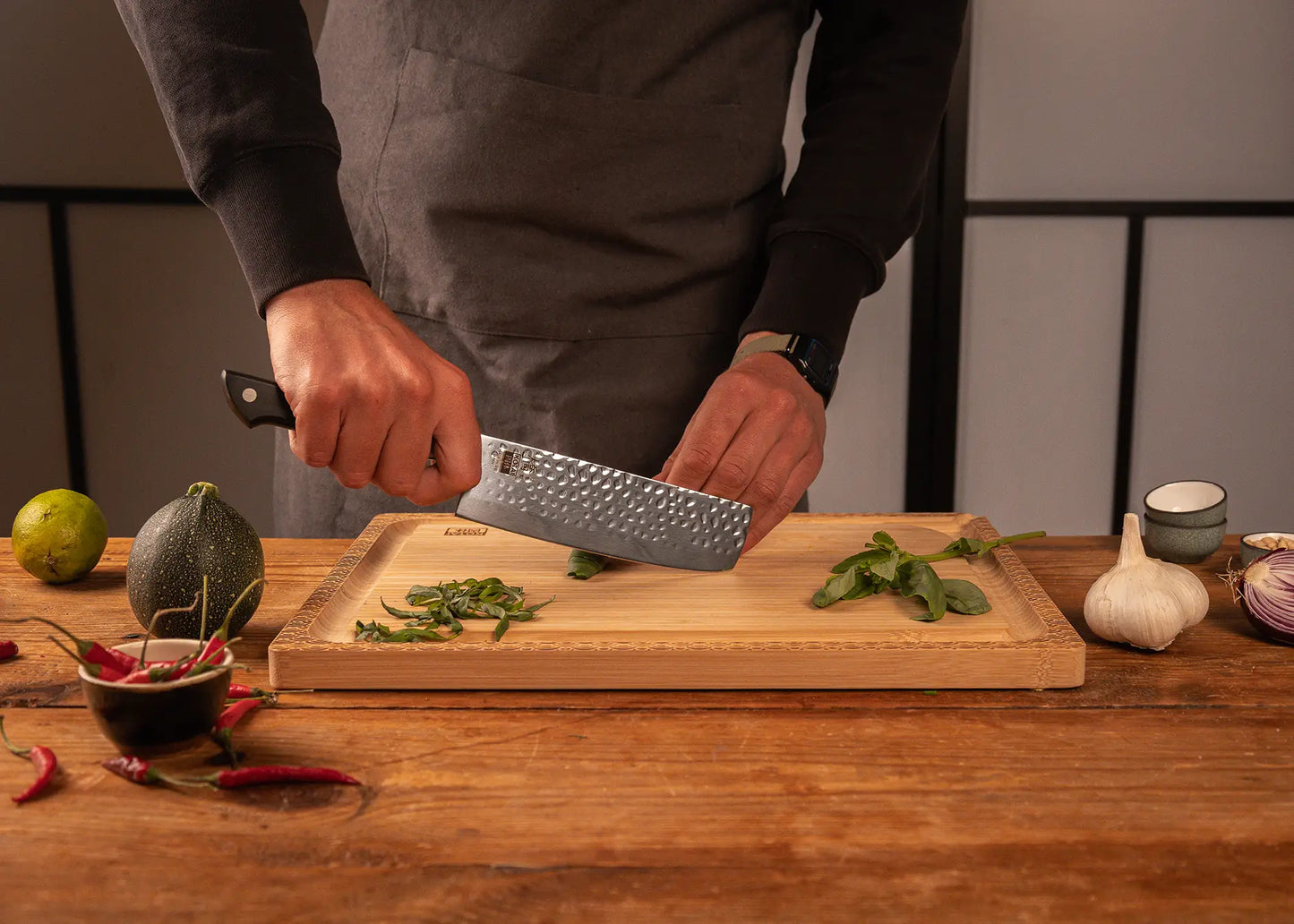 Full Hashi Tsuchime knife collection with hammered stainless blades and ABS handles.