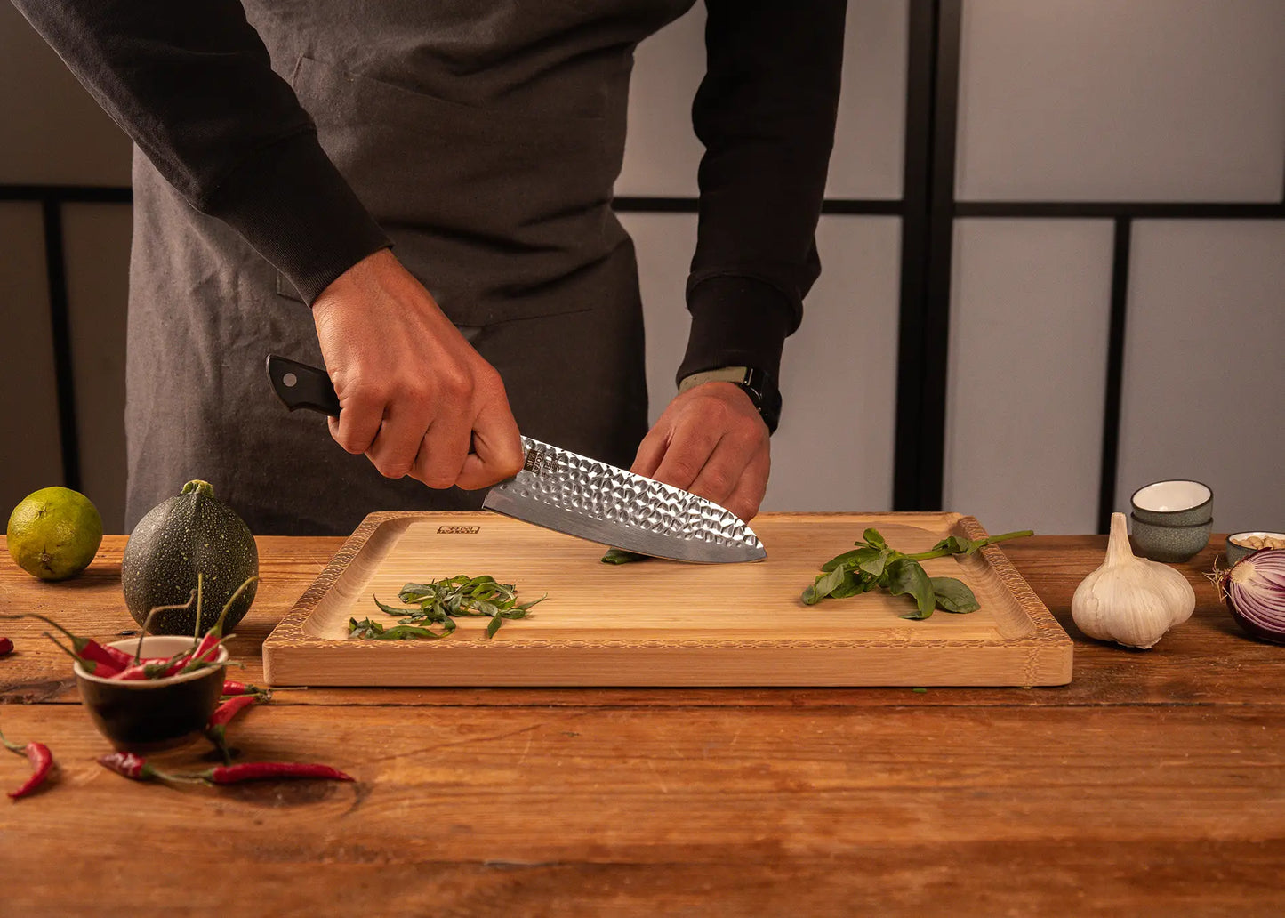 Full Hashi Tsuchime knife collection with hammered stainless blades and ABS handles.