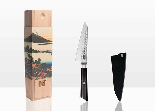 13.5 cm petty knife crafted from 440C steel with ebony handle.