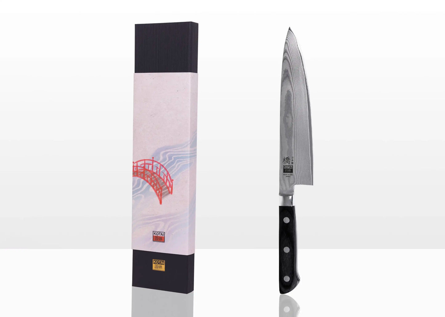 200 mm Gyuto knife with MVS10Cob Damascus blade and pakkawood handle.
