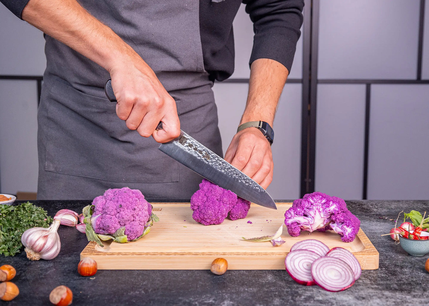 195 mm Gyuto chef knife in 1K6 steel with black pakkawood handle.
