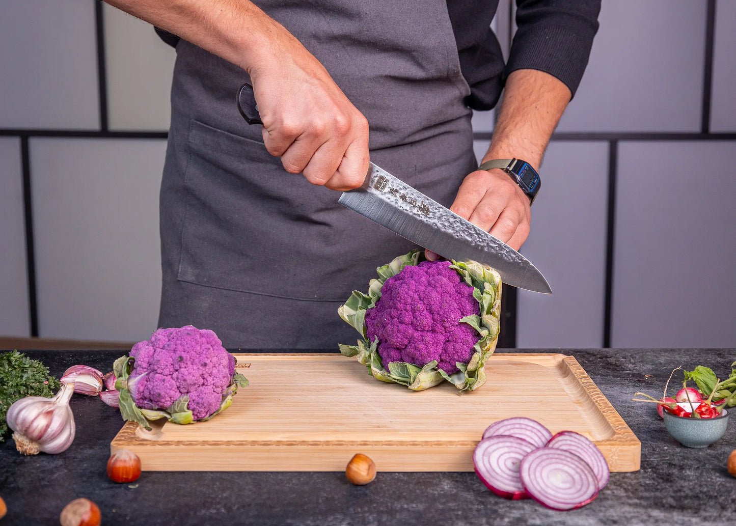 195 mm Gyuto chef knife in 1K6 steel with black pakkawood handle.