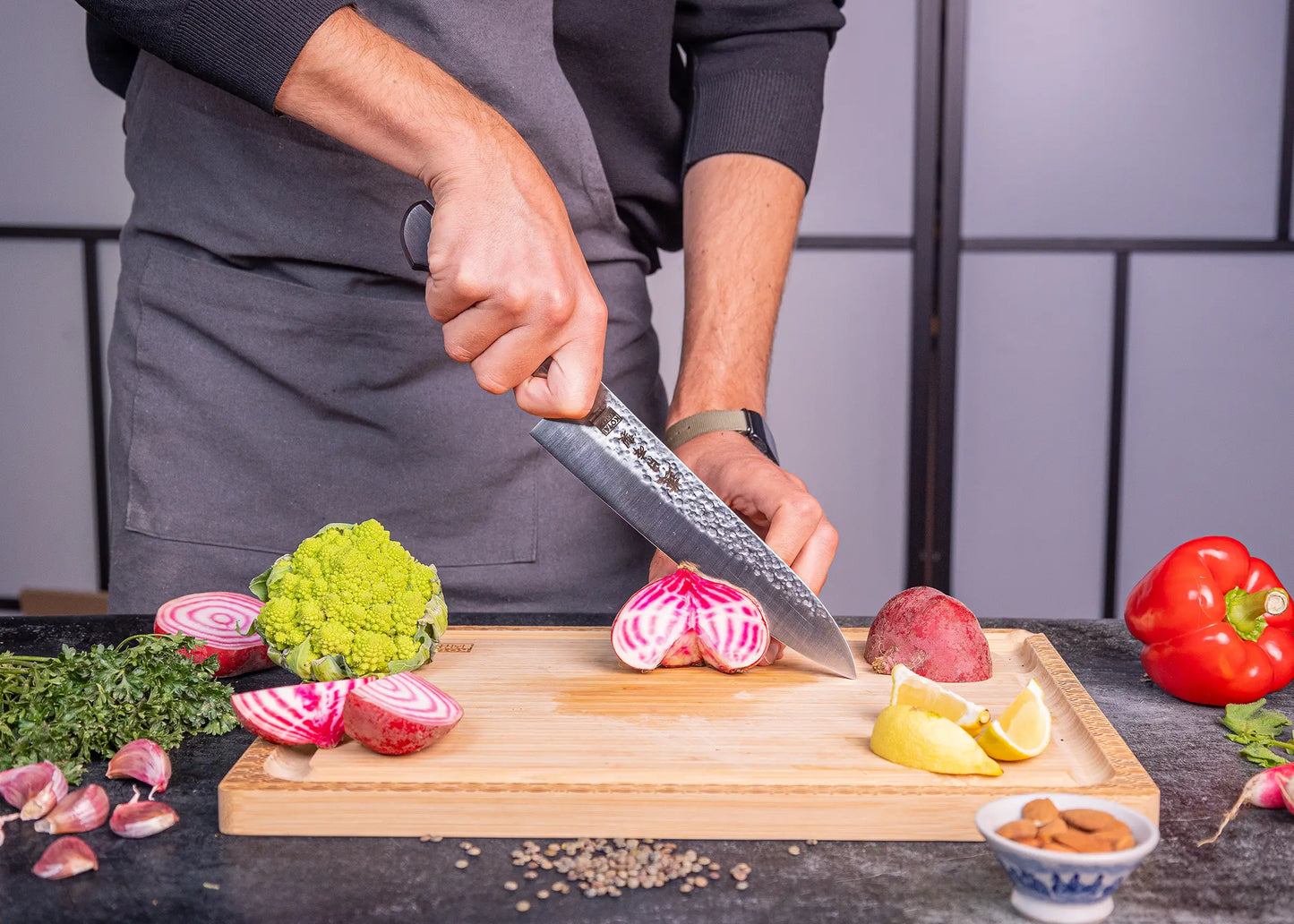 195 mm Gyuto chef knife in 1K6 steel with black pakkawood handle.