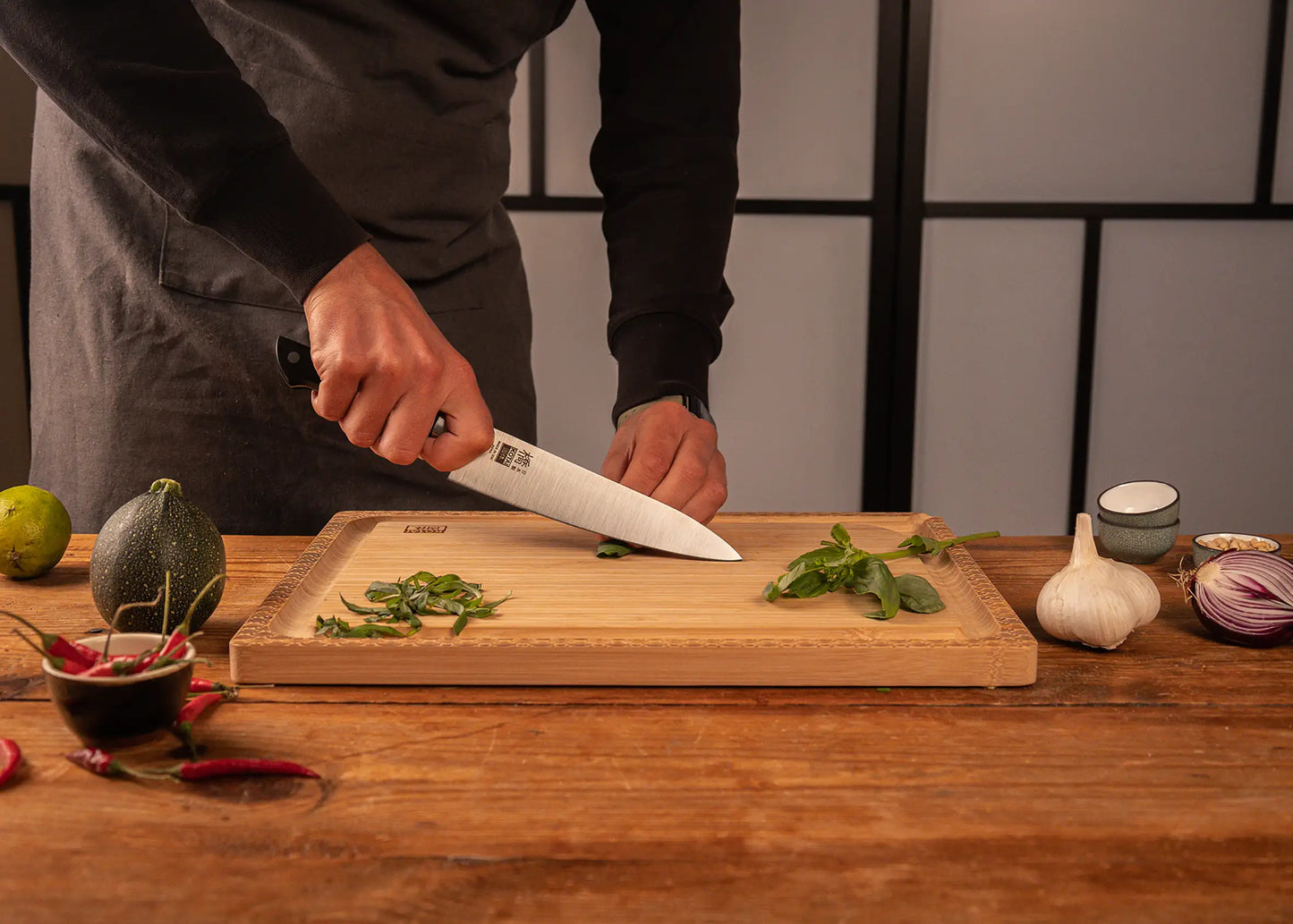 180 mm Hashi Classic Gyuto chef knife with molybdenum steel blade and pakkawood handle.