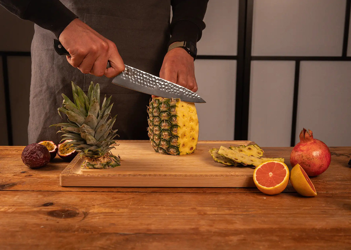 200 mm Gyuto knife with hammered stainless steel blade and ABS handle.
