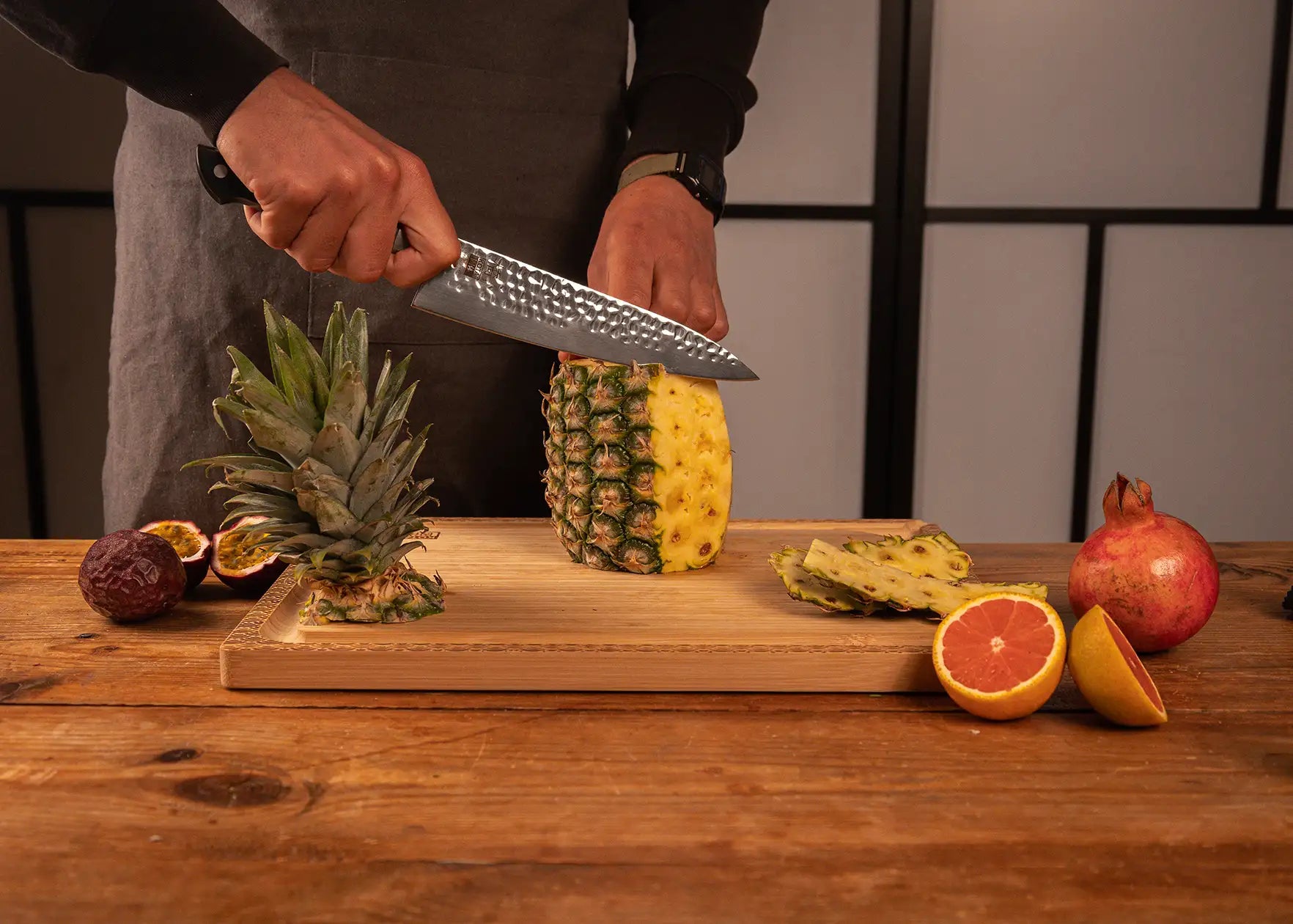 200 mm Gyuto knife with hammered stainless steel blade and ABS handle.