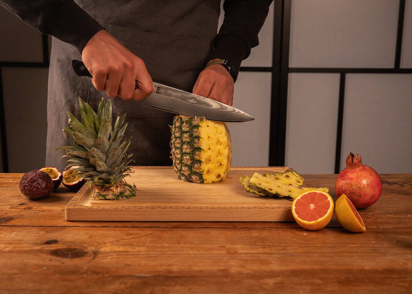 200 mm Gyuto knife with MVS10Cob Damascus blade and pakkawood handle.