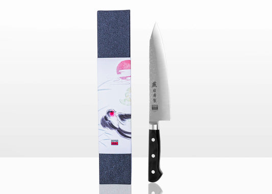 195 mm Kiritsuke knife with 1K6 steel blade and pakkawood handle.