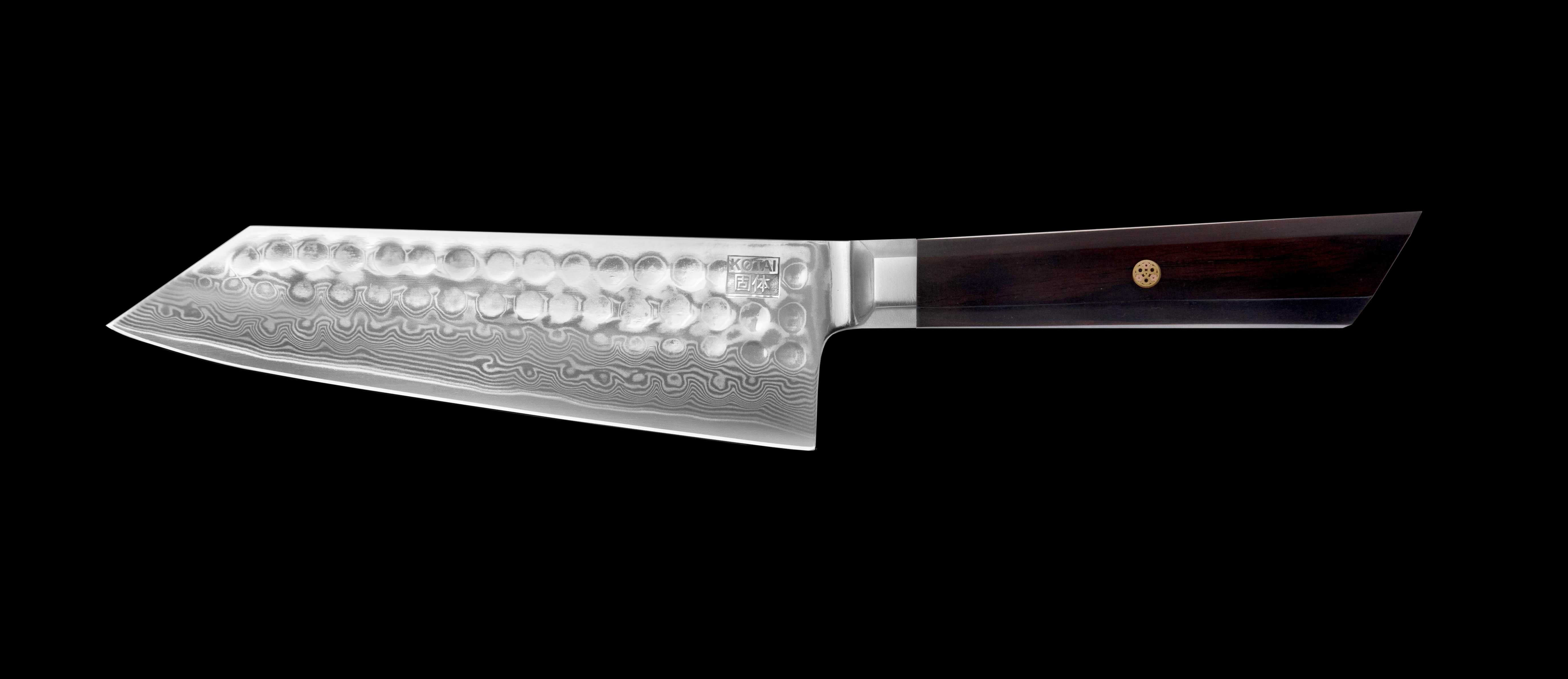 KOTAI's Santoku BUNKA Collection in Damascus steel, displayed on a black background.