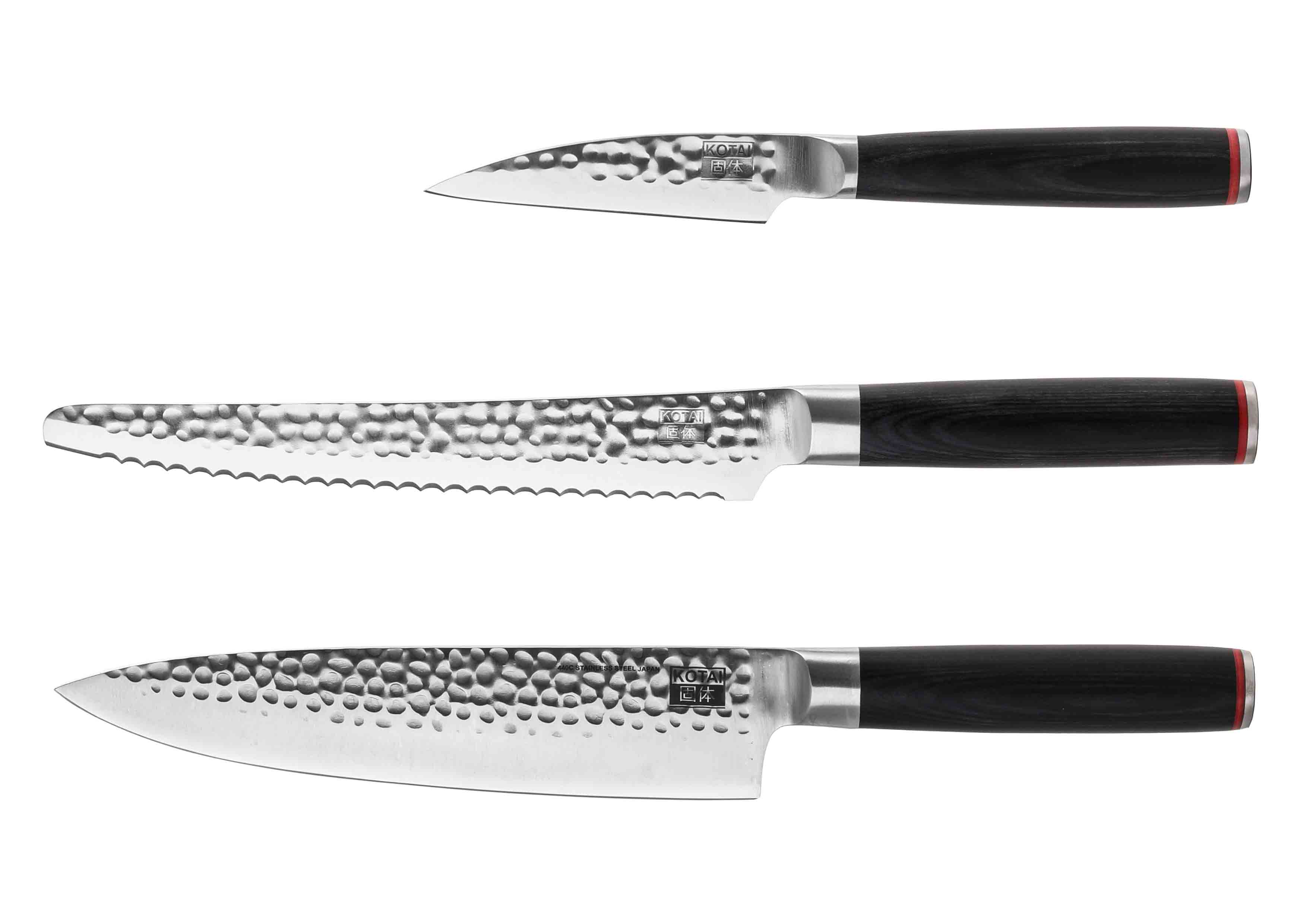 KOTAI Pakka Essential 3 Piece Knife Set with paring knife, bread knife and Gyuto on white background.