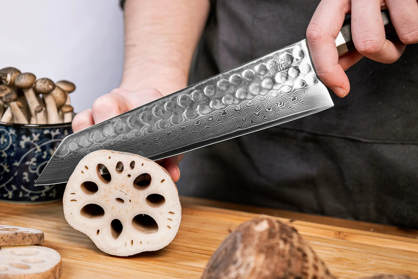 3-Piece Starter Bunka Damascus knife set with patterned AUS-10 steel blades and ebony handles.