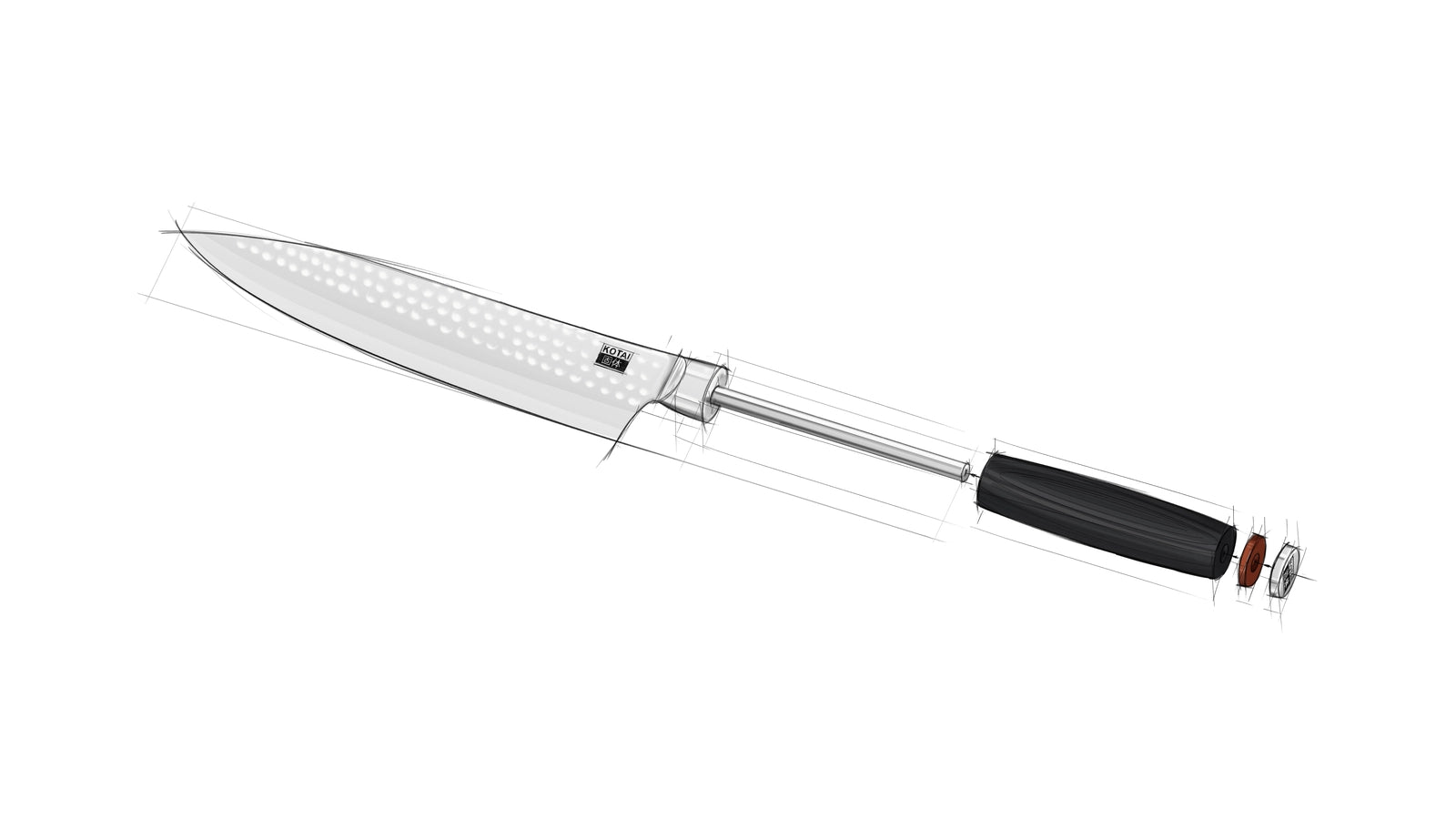 Here is a technical drawing of a KOTAI knife, showing the normally hidden full tang going all the way through the handle.
