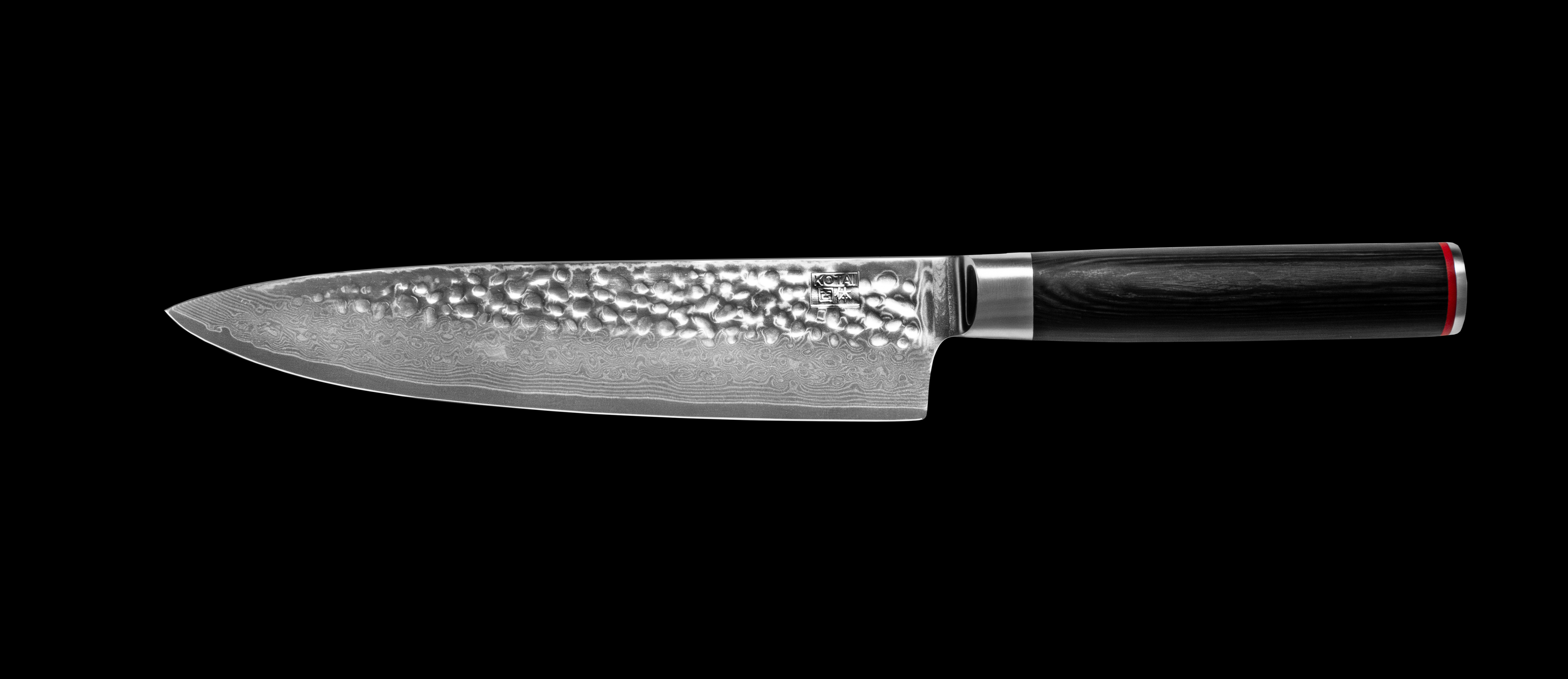 KOTAI's Gyuto also known as Chef's knife in Damascus steel, displayed on a black background. 