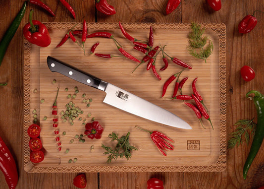 180 mm Hashi Classic Gyuto chef knife with molybdenum steel blade and pakkawood handle.