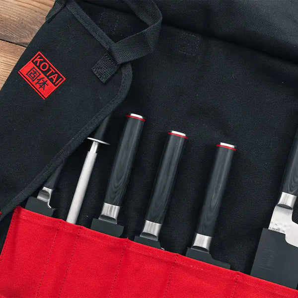KOTAI's cotton roll up bag holding 6 knives and 1 honing steel.