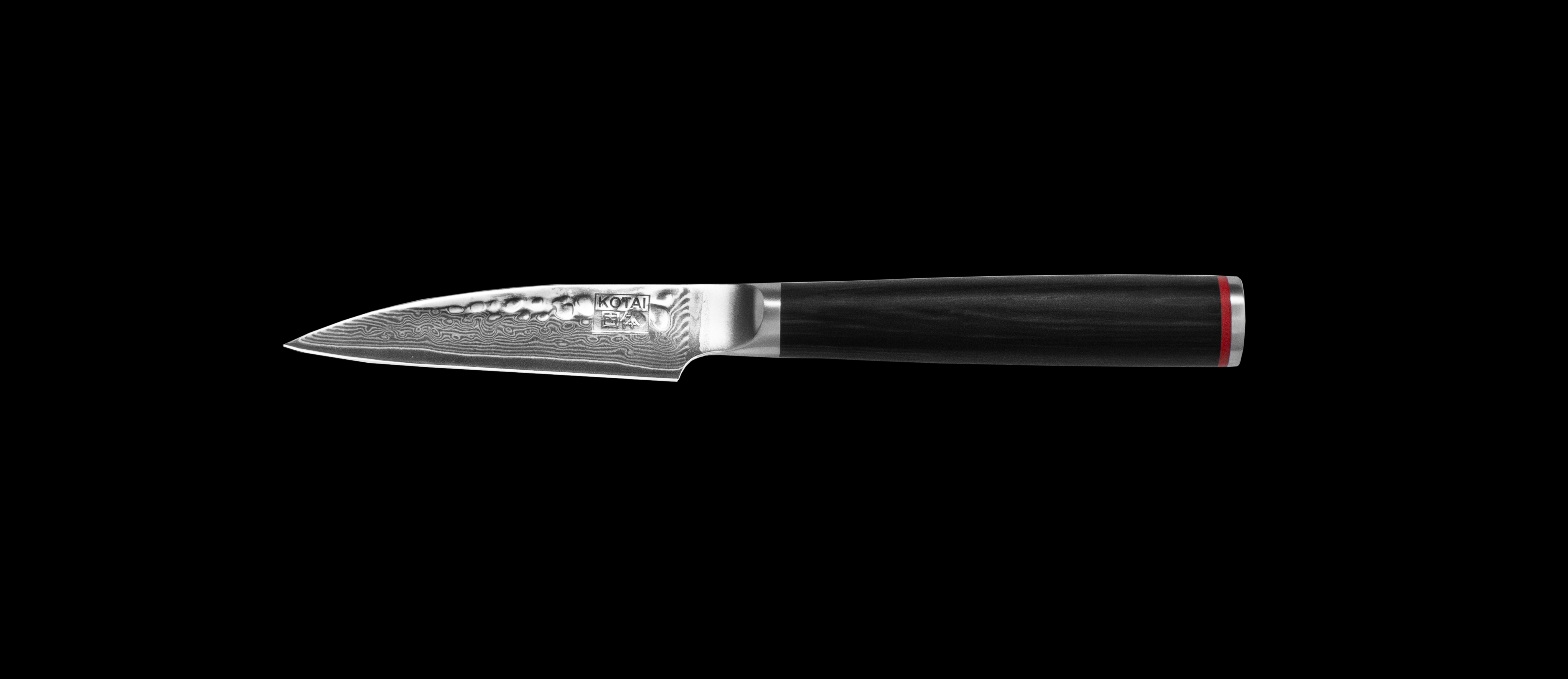 KOTAI's Paring Knife PAKKA Collection in Damascus steel, displayed on a black background. 
