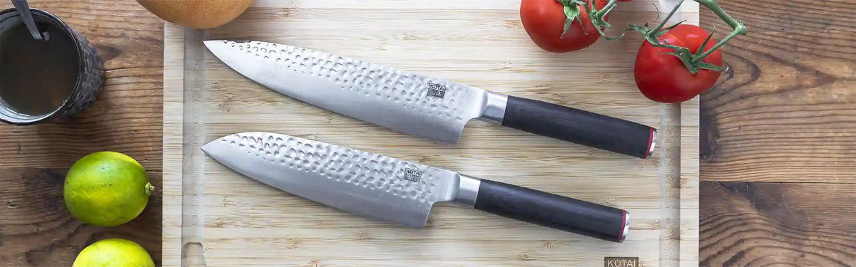 Beautiful Japanese knives Santoku and Gyuto with elegant hammered blades.