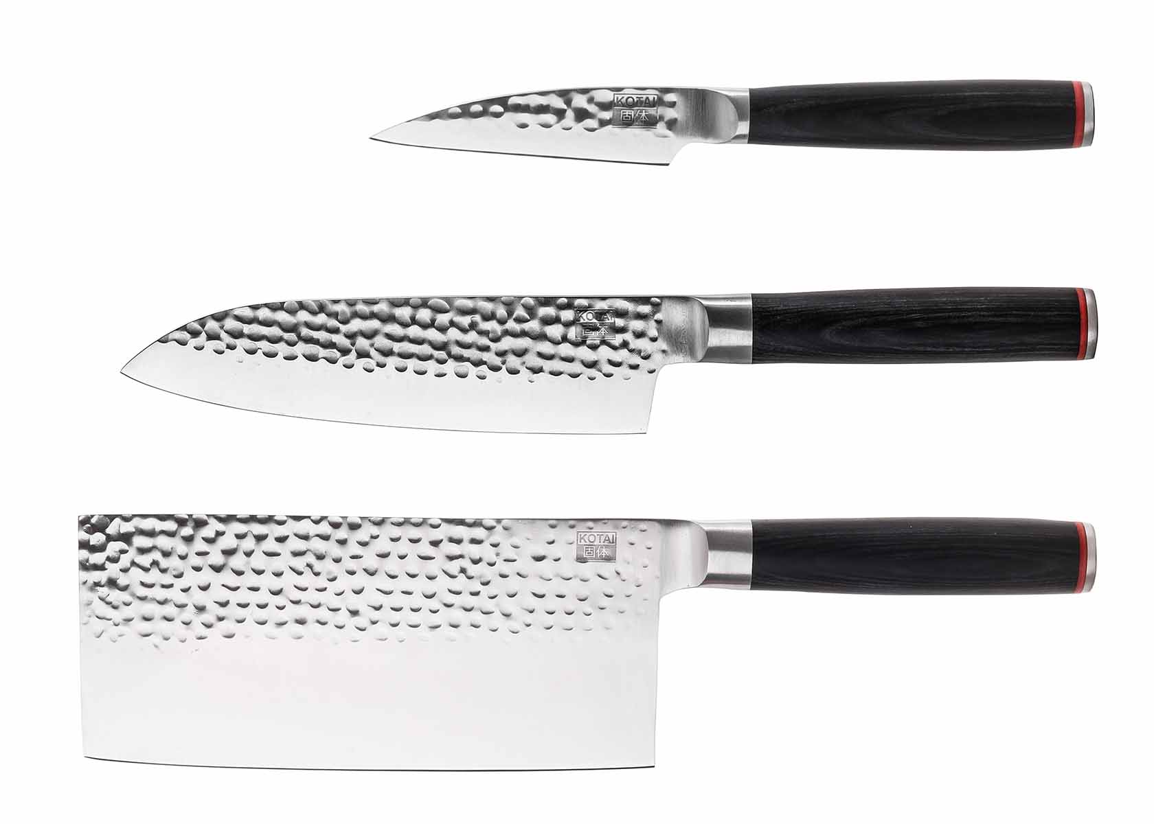 Set de 3 couteaux asiatiques KOTAI Pakka avec couteaux d'office, Santoku et Cleaver martelés sur fond blanc.