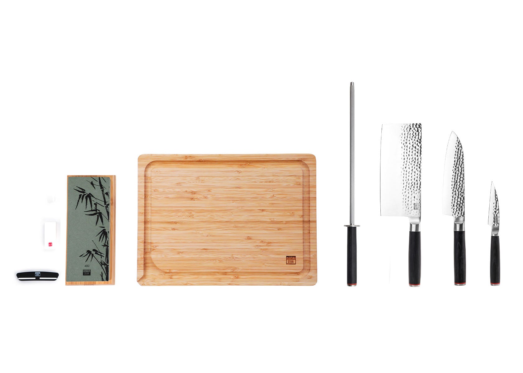 KOTAI Pakka Asian 6 Piece Knife Set with paring, Santoku, cleaver knives, honing steel, cutting board and sharpening set.