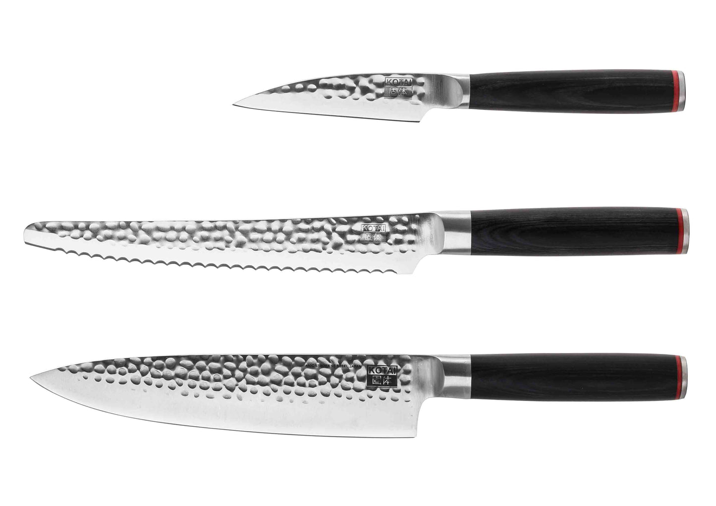 KOTAI Pakka Essential 3 Piece Knife Set with paring knife, bread knife and Gyuto on white background.