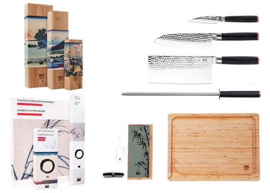 KOTAI Pakka Asian 6 Piece Knife Set with paring, Santoku, cleaver knives, honing steel, cutting board and sharpening set with boxes.