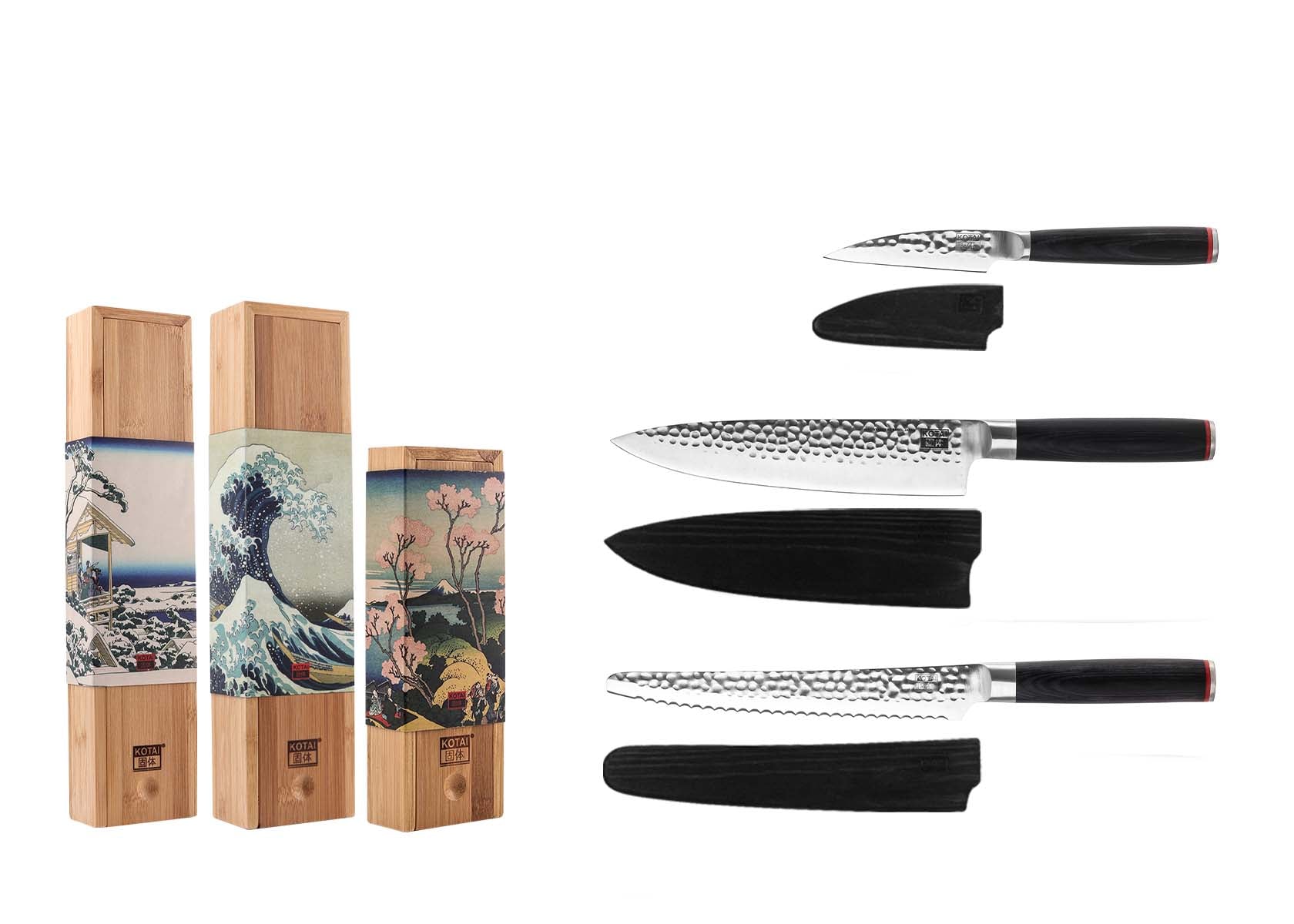 Set de 3 couteaux KOTAI Pakka Essential avec couteau d'office, couteau à pain et Gyuto sur fond blanc.